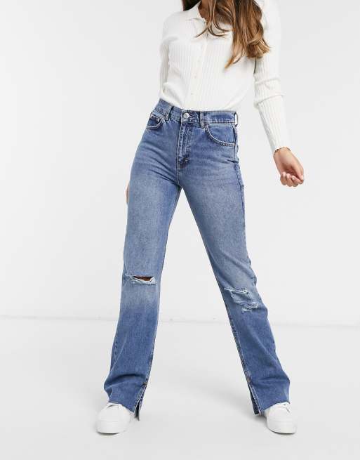 Pull&Bear 90s straight leg jean with rips and split hem in blue | ASOS