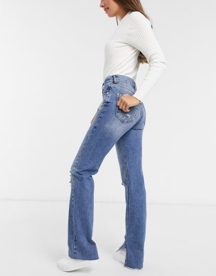 Pull\u0026Bear 90s straight leg jean with rips and split hem in blue | ASOS