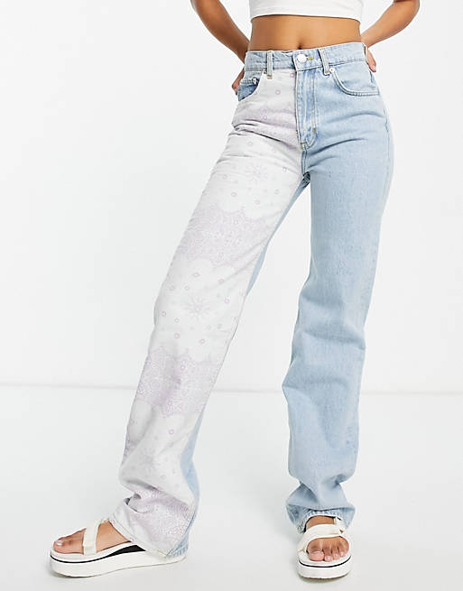Pull&Bear 90s straight leg jeans with bandana detail in blue
