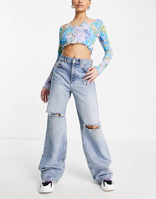 Women Pull&Bear 90's straight leg jeans with rips in blue 