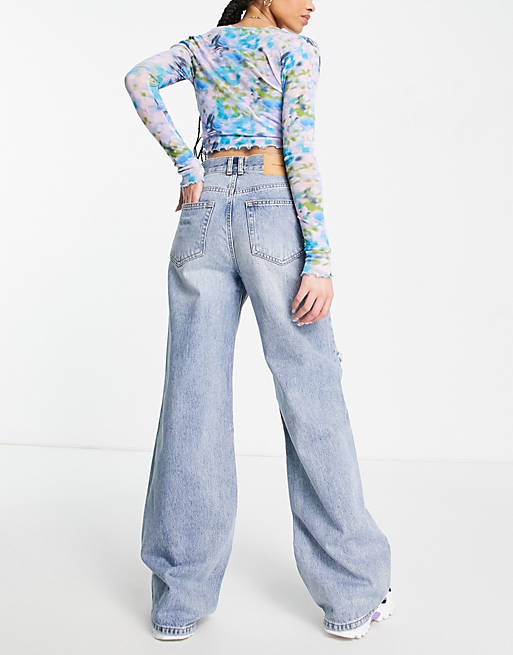 Women Pull&Bear 90's straight leg jeans with rips in blue 