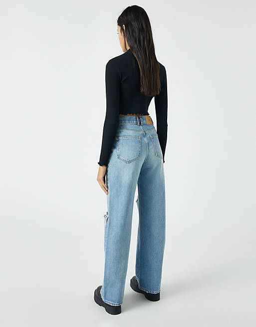 Pull&Bear 90s straight leg jeans with rips in blue 