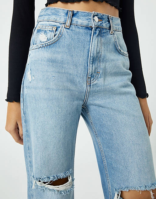 Jeans Pull&Bear 90's straight leg jeans with rips in blue 