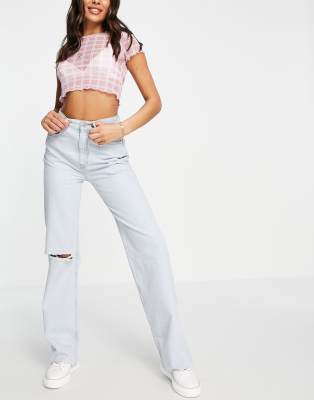 Pull & Bear 90's Wide Leg Jeans With Rip In Light Blueblues ModeSens