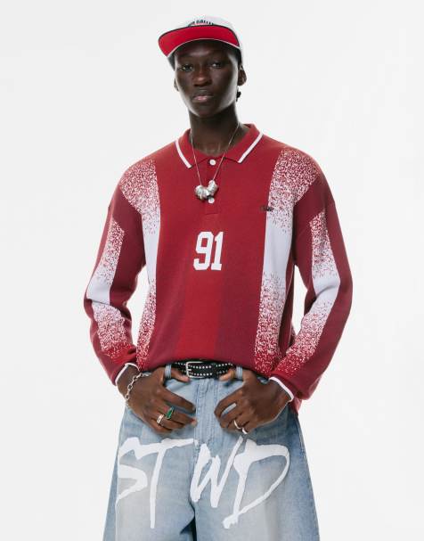 Pull&Bear – 91 – Rödaktig pikétröja i stickad fotbollsstil - view 1