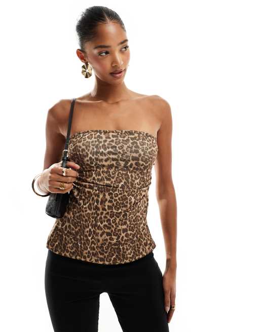 Pull&Bear - Aangerimpelde bandeau-top met split aan de zijkant in luipaardprint
