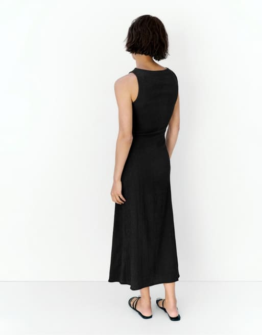 Pull&Bear - Aangerimpelde midi jurk met knoop in donkergrijs, 3 van 7
