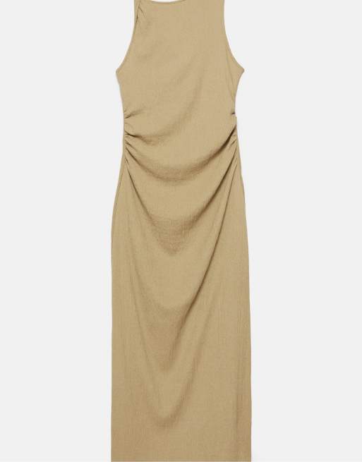 Pull&Bear - Aangerimpelde midi jurk met knoop in kaki, 6 van 7