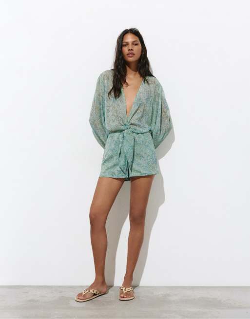 Pull&Bear - Aangerimpelde romper met print in turquoise, 2 van 4
