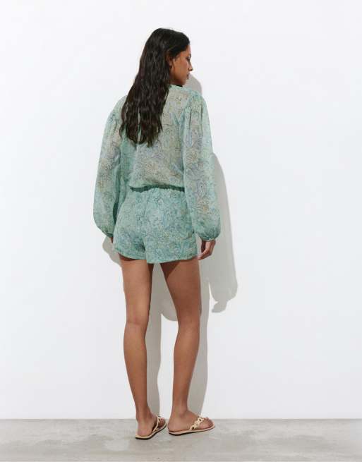 Pull&Bear - Aangerimpelde romper met print in turquoise, 3 van 4