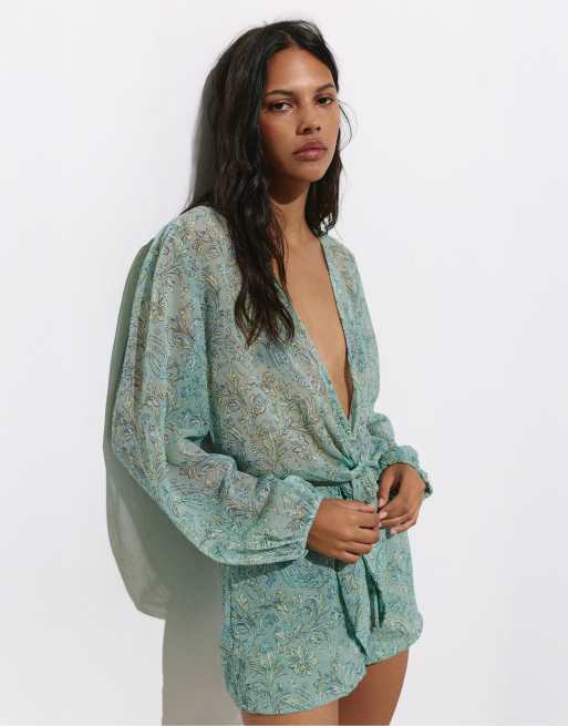 Pull&Bear - Aangerimpelde romper met print in turquoise, 4 van 4