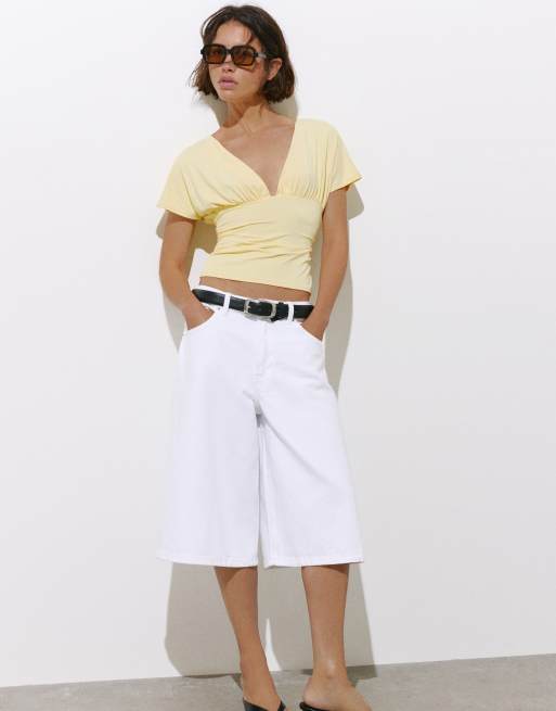 Pull&Bear - Aangerimpelde top met V-hals in geel, 5 van 7