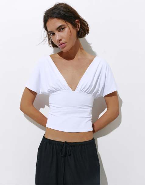 Pull&Bear - Aangerimpelde top met V-hals in wit - view 1