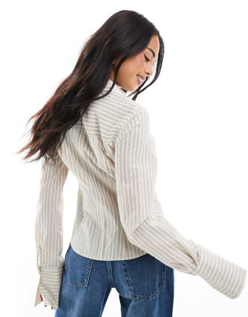 Pull&Bear - Aansluitend gestreept overhemd in ecru, 4 van 4