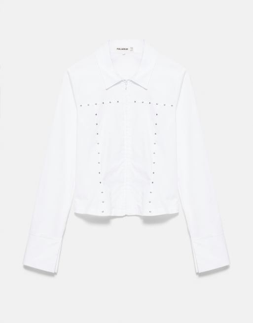 Pull&Bear aansluitend overhemd met studs en rits in wit, 5 van 7
