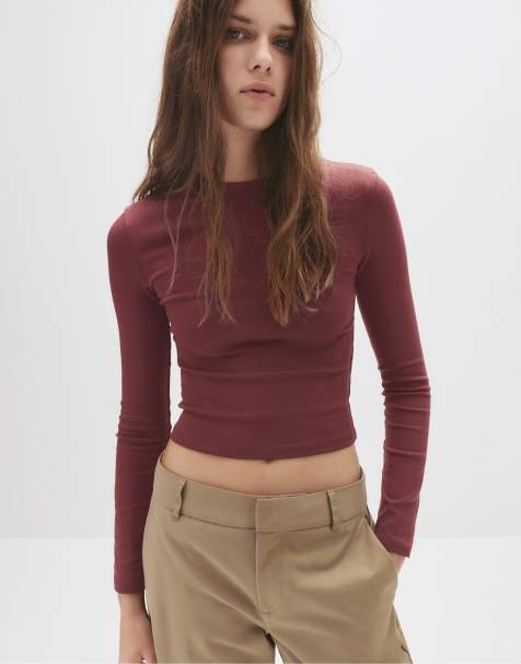 Pull&Bear - Aansluitend T-shirt met lange mouwen in bordeauxrood - view 1