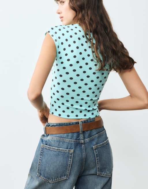 Pull&Bear aansluitend T-shirt met lange mouwen in licht turquoise, 2 van 7