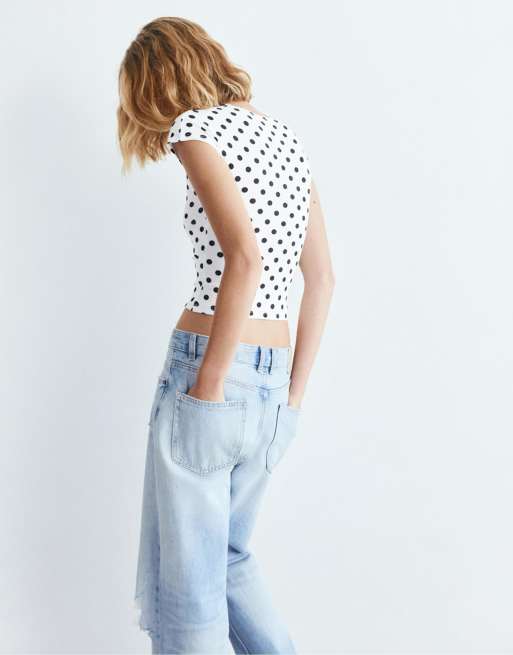 Pull&Bear - Aansluitend T-shirt met volle mouwen in wit met stippen, 3 van 7
