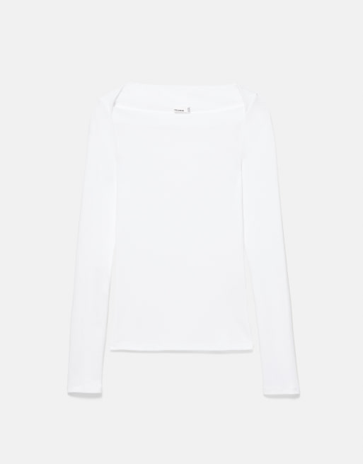 Pull&Bear aansluitende T-shirt met rechte halslijn in wit, 5 van 7