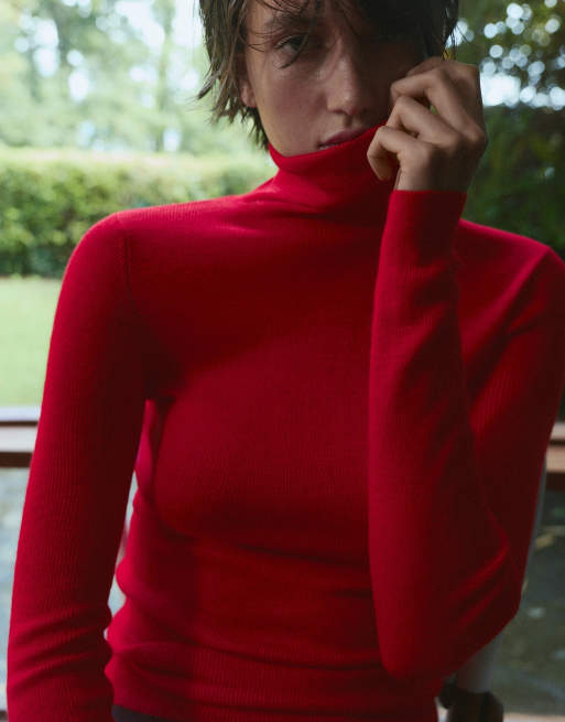 Pull&Bear aansluitende trui met hoge hals in rood met wol, 2 van 7