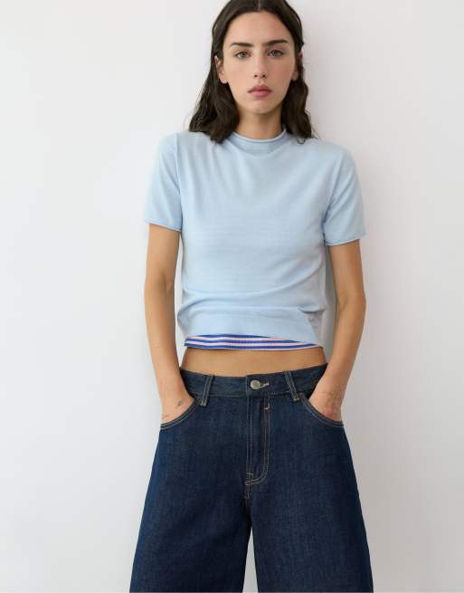 Pull&Bear aansluitende trui met korte mouwen in pastelblauw, 4 van 7