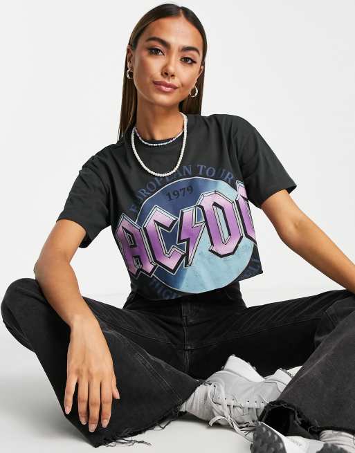 Pull&Bear AC/DC cropped rock t-shirt in black