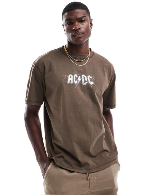 Pull&Bear ACDC back printed t-shirt in washed brown ASOS
