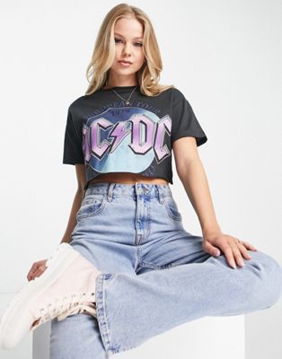 Pull&Bear ACDC cropped rock t-shirt in black