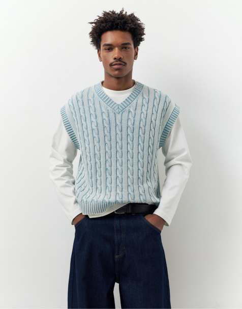 Pull&Bear Acid wash cable-knit vest in sky blue - view 1