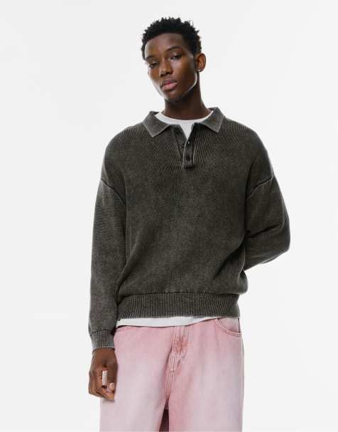 Pull&Bear Acid wash knit polo shirt in black - view 1