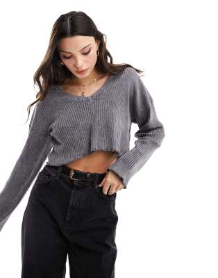 Pull&Bear acid wash ribbed long sleeved top in gray | ASOS