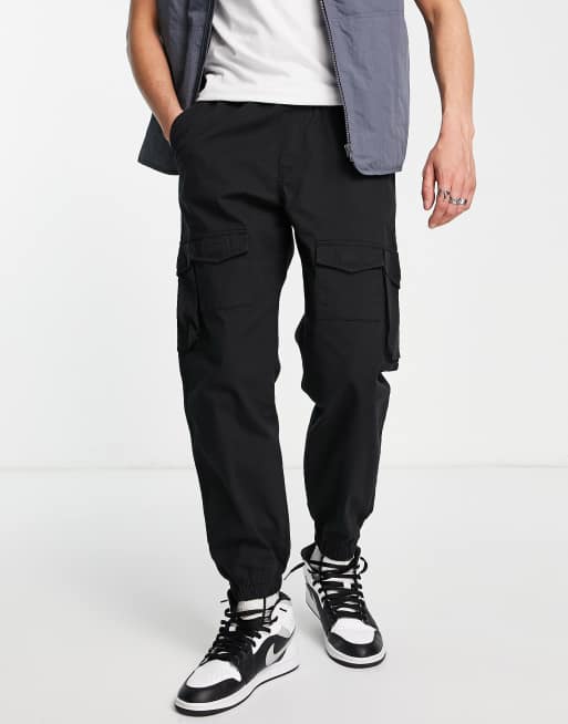 Pull&Bear adjustable ripstop cargo trousers in black | ASOS