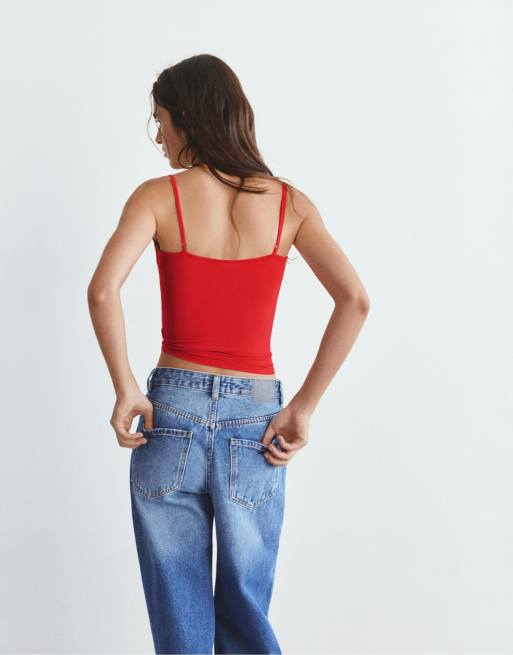 Pull&Bear Adjustable thin strap top in red, 2 of 7