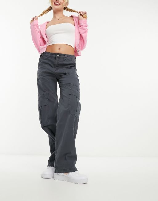 Pull&Bear adjustable waist cargo pants in gunmetal gray