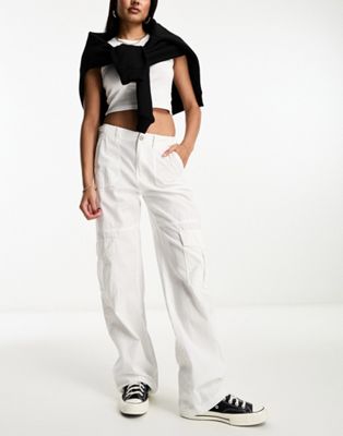 Pull&Bear adjustable waist cargo trouser in white