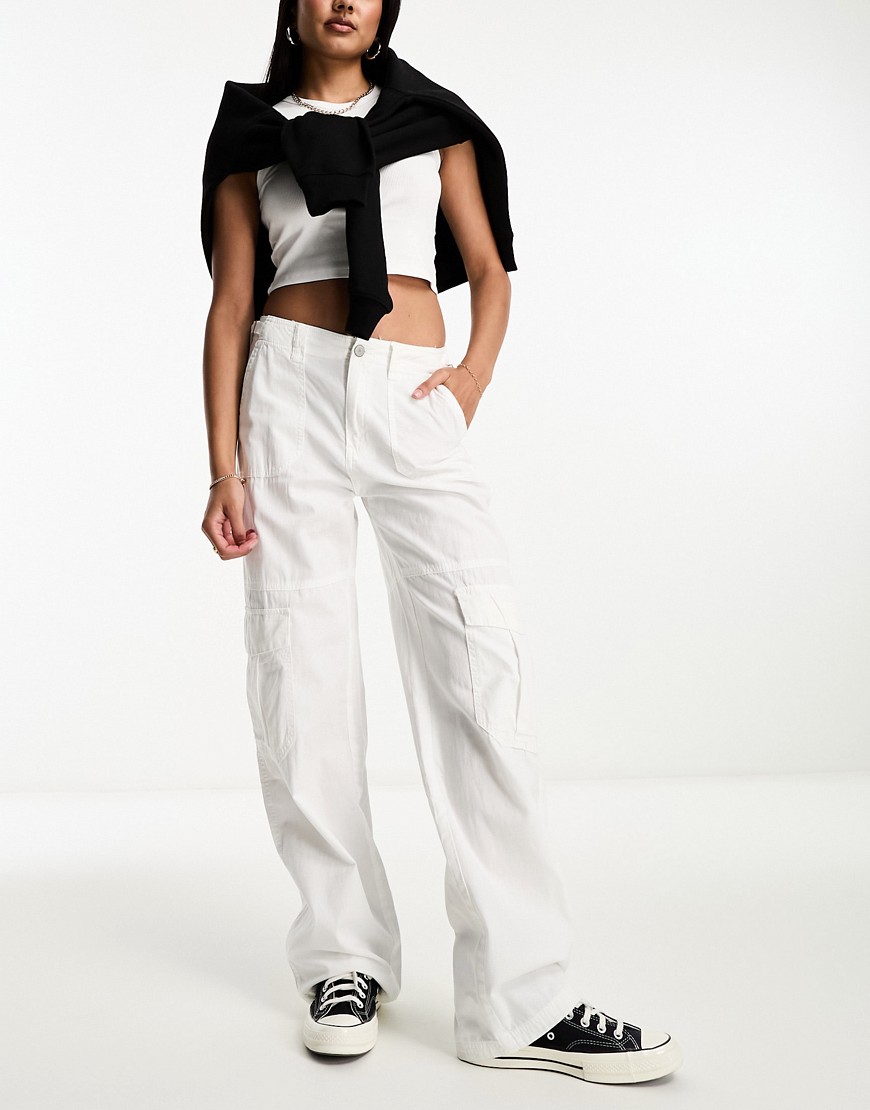Pull & Bear adjustable waist cargo trouser in white