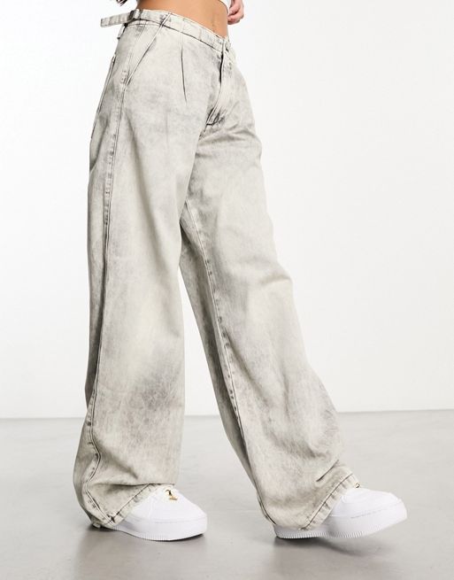 Pull&Bear adjustable waist wide leg jeans in bleach wash gray