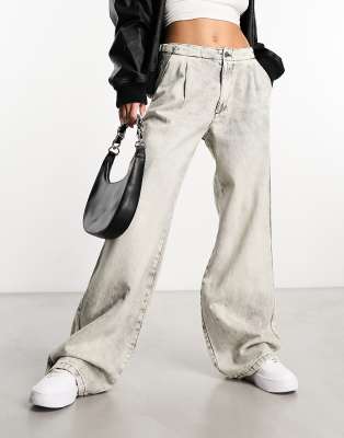 Pull&Bear adjustable waist wide leg jeans in bleach wash grey 