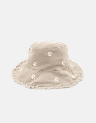 Pull & Bear - Anglerhut in Taupe mit Gänseblümchen-Grau