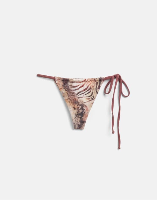Pull&Bear Animal print bikini bottoms with ties in brown, 4 of 4
