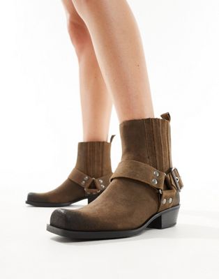 Pull&Bear ankle boot with buckle detail in brown