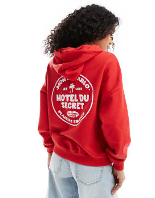 Pull & Bear Antibes Printed Hoodie In Red