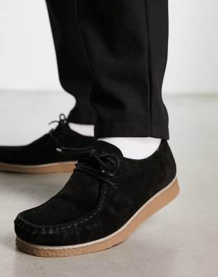 Pull&Bear faux suede lace up shoes in black