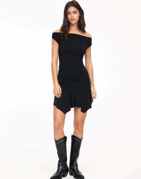 Pull&Bear asymetric hem bardot mini dress in black - view 1