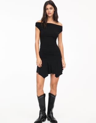 pull&bear asymetric hem bardot mini dress in black