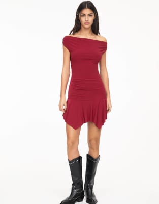 pull&bear asymetric hem bardot mini dress in pink