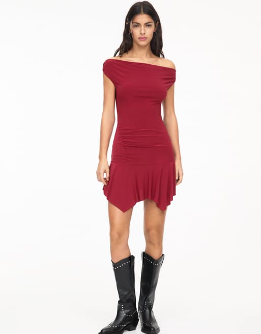 Pull&Bear asymetric hem bardot mini dress in pink