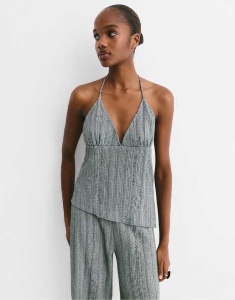 Pull&Bear Asymmetric crepe top in pale grey - view 1