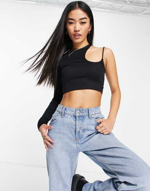 Pull&Bear asymmetric cropped top in black