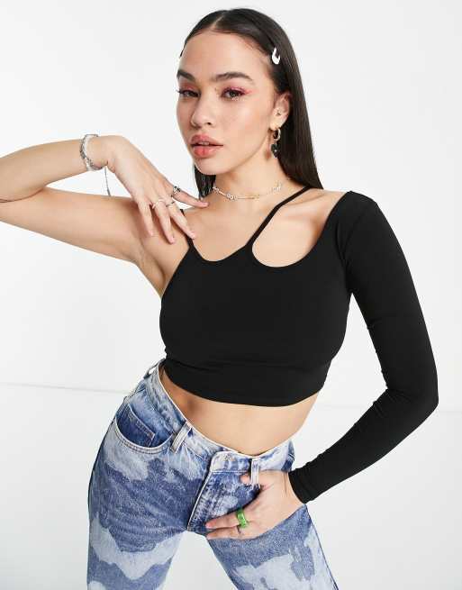 Pull&Bear asymmetric cropped top with cut out detail in black ASOS